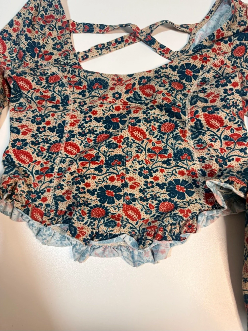 Free People Floral Scoop-Neck Crop Top - Cream with Pink & Blue